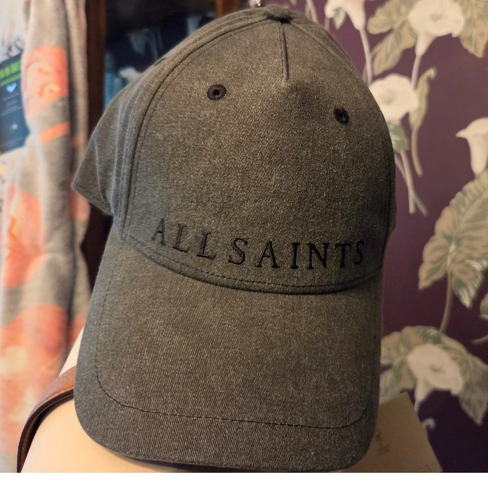 AllSaints Baseball Cap Grey New Embroidered Logo Adjustable Strap Hat
